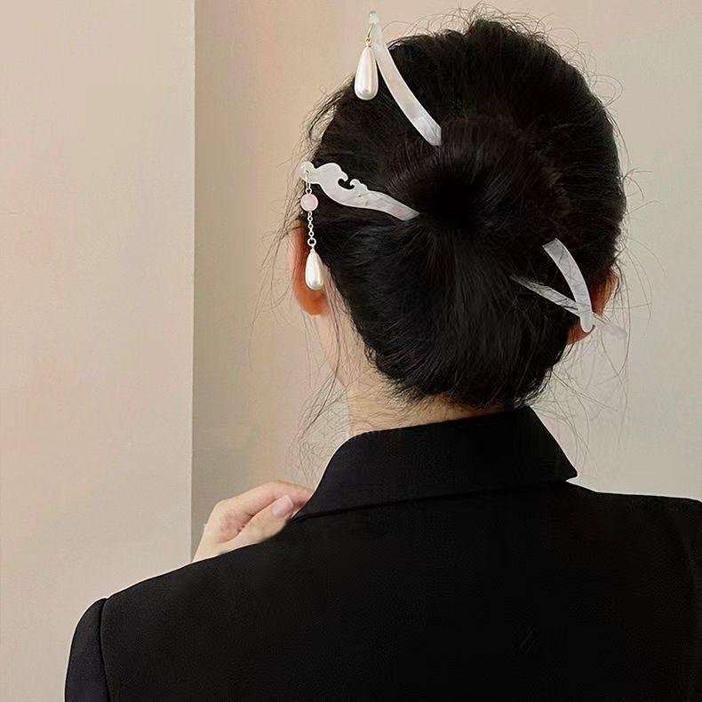 かんざし 新チャイナ風 古風 レトロモダン 上品 エレガント 優雅 繊細 琉璃 パール 変形 ユニーク アセテート ヘアスティック まとめ髪 浴衣 着物 和装 髪飾り