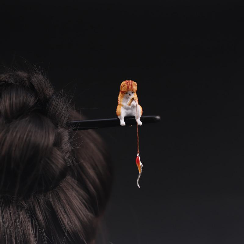 簪 レディース 黒檀 釣り猫モチーフ かわいい 個性的 かんざし 女性用 木製ヘアスティック まとめ髪 ア..