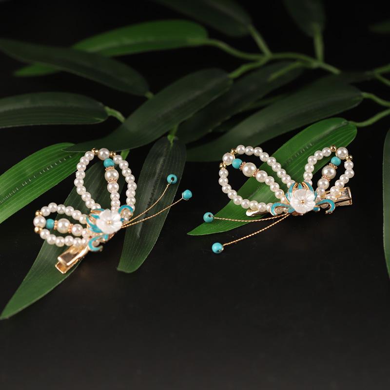 ヘアアクセサリー キッズ 女の子 蝶 バタフライ 七宝焼 ターコイズ トルコ石 パール パール ペアクリップ ヘアクリップ 手作り ハンドメイド オリジナルデザイン 写真撮影用 エスニック 和風 華やか かわいい 髪飾り メタル