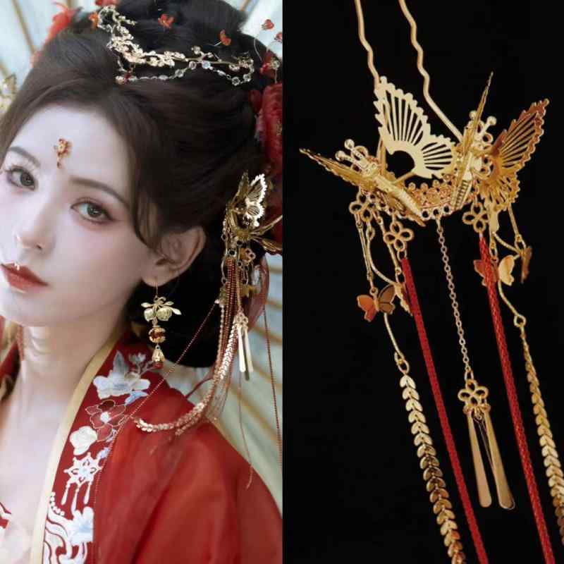 頭飾り チャイナ風 中国風 蝶 バタフライ 花柄 かんざし 簪 ヘアスティック タッセル 揺れる飾り ぶら下がり 額飾り 額チェーン フォークヘッド アンティーク調 合金製 秋冬