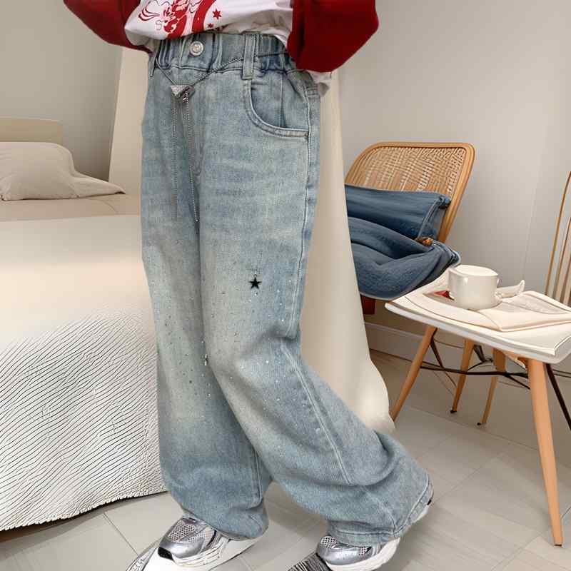 デニムパンツ キッズ 女の子 ビジュー ラインストーン ワイド ストレート ゆったり ルーズフィット 綿 ..