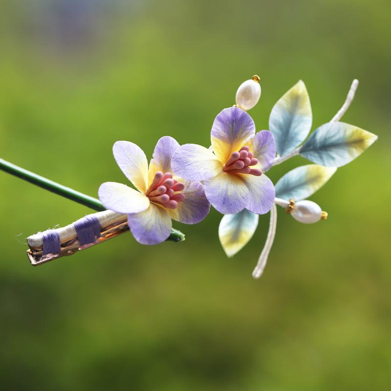 髪飾り ハンドメイド 無形文化遺産技術 絹 シルクベルベット 紫薇花 百日紅 花モチーフ 清らか 中国風 ネオチャイナ 民族風 ヘアクリップ 髪留め 春夏