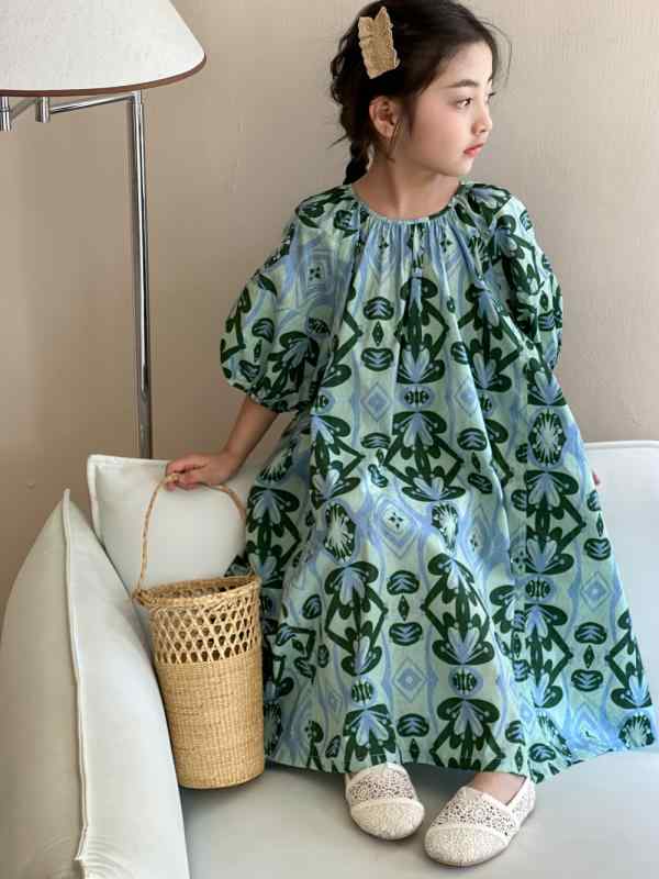 ワンピース 子供 女の子 キッズ プリンセスドレス おしゃれ かわいい 半袖 春夏 小花柄 パフスリーブ ボリューム袖 ロング丈 マキシ丈 ポリエステル 綿混 ソフト