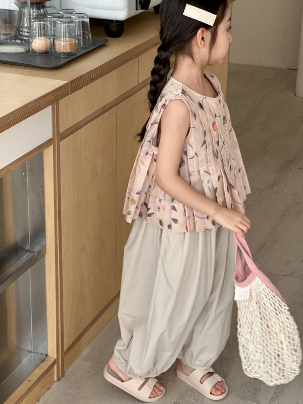 セットアップ 女の子 夏 薄手 綿 虫よけ加工 カジュアル ノースリーブブラウス 前開き バルーンパンツ かわいい 普段使い 杏色 ミルクホワイト 2点セット