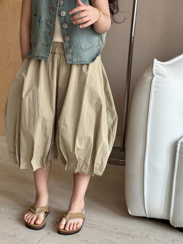 キッズ 女の子 バルーンパンツ 七分丈 ジュニア 綿 コットン 花びら風 ウエストゴム ミッドウエスト カ..