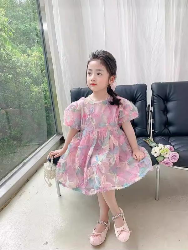 ワンピース 女の子 春夏 パフスリーブ プリンセスドレス 半袖 花柄 おしゃれ かわいい 女児 キッズ ベビー 子供服 Aライン お出かけ ピンク ポリエステル 柔らかい