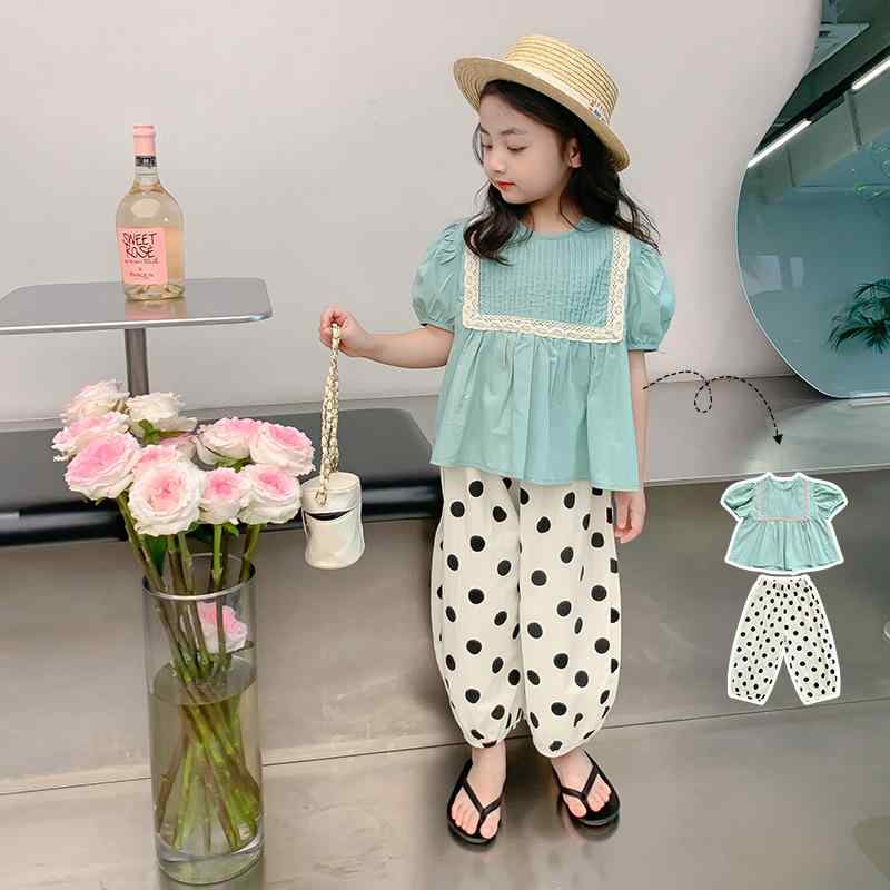 キッズ 女の子 ベビー セットアップ 上下セット 半袖トップス ロングパンツ 夏 サマー 薄手 ドット柄 水玉模様 虫よけ 防蚊 コットン100% カジュアル 普段着 お出かけ 快適