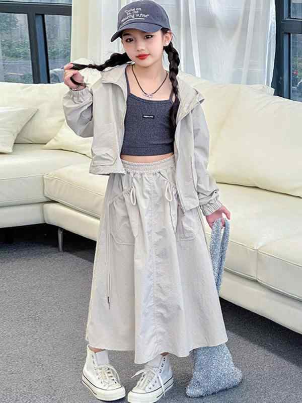 セットアップ 女の子 キッズ ジュニア 韓国風 おしゃれ フード付き ジップアップジャケット フレアスカート ワークテイスト 綿混素材 春秋 上下セット 通学 普段使い カジュアル かわいい
