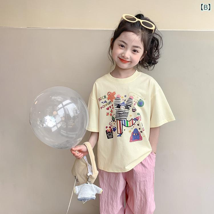 Tシャツ 女の子 キッズ 半袖 綿100% キャラクター ゆったり ビッグシルエット おしゃれ かわいい クルーネック 吸湿速乾 春夏 白 イエロー 普段使い