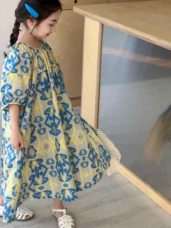 ワンピース 女の子 ガールズ キッズ プリンセス 小花柄 フローラル柄 パフスリーブ ロング丈 コットン ポリエステル 柔らか素材 黄色 花柄 春夏 かわいい おしゃれ お出かけ 普段使い