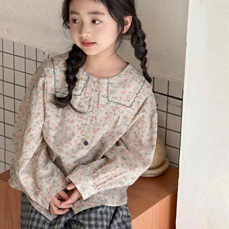 トップス ガールズ 小花柄 長袖 シャツ 襟付き 綿麻 コットンリネン カジュアル 普段使い キッズ ジュニア 春秋 柔らかな かわいい ベージュ