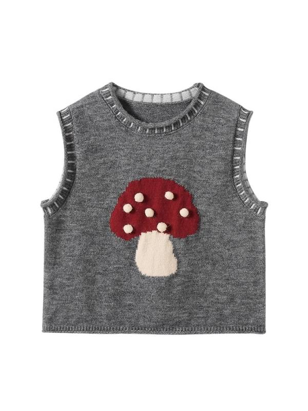 ベスト キッズ 女の子 春秋 ニットベスト ジレ キャラクター キノコ柄 マッシュルーム柄 かわいい おし..