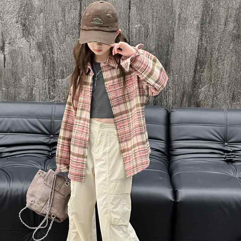 シャツ 女の子 チェック柄 長袖 ゆったり ルーズ 春秋 カジュアル アウター ブラウス 綿 コットン ピン..