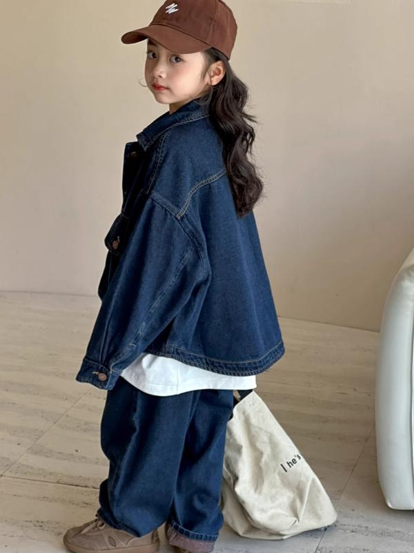 キッズ 女の子 セットアップ デニム ジーンズ ジャケット ストレートパンツ 長袖 ノーカラー ゆったり ..