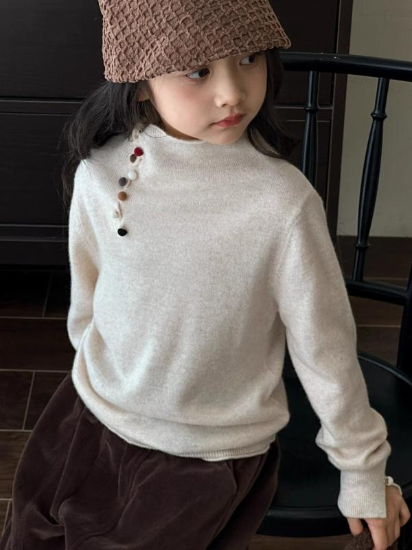 ニット 女の子 子供 ハイネック 長袖 秋冬 セーター プルオーバー 韓国風 カラフルボタン かわいい 綿 柔らかい 無地 カジュアル 普段使い トップス オフホワイト ダークブラウン
