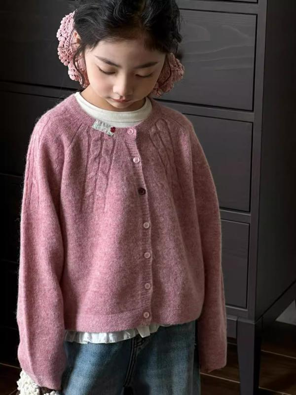 ニットカーディガン 女の子 キッズ ジュニア 小学生 高学年 長袖 羽織り ラウンドネック シングルボタ..