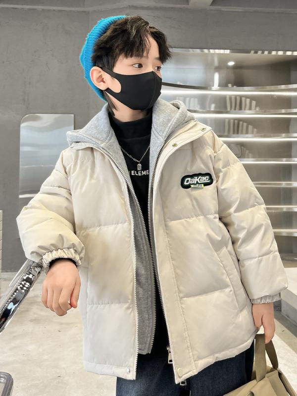 キッズ 男の子 ダウンジャケット フェイクレイヤード フード付き ゆったり 厚手 ショート丈 無地 學(xué)生 小中學(xué)生 通學(xué) カジュアル 防寒 保溫 ジップアップ 冬 アウター