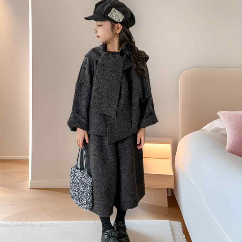 楽天way-ugoセットアップ 女の子 女児 キッズ 秋冬 ウール フリース メルトン トレーナー スウェット ワイドパンツ ショール ポンチョ スリーピース おしゃれ かわいい