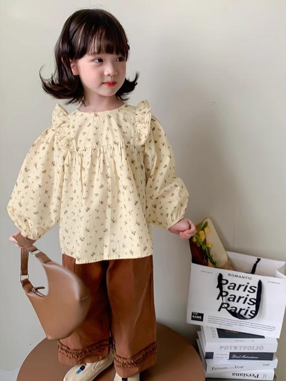 キッズ 女の子 セットアップ 春秋 韓国風 小花柄 シャツ 長袖 パンツ 綿 コットン おしゃれ かわいい 普段着 通園 通学 カジュアル 上下セット