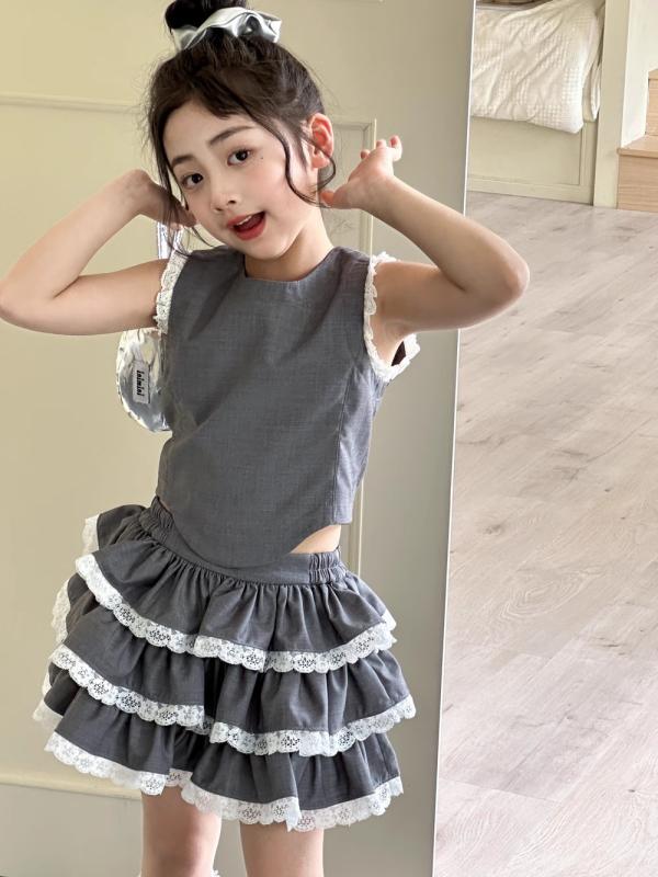 キッズセットアップ 女の子 ジュニア ノースリーブトップス タンクトップ ティアードスカート 2点セット 親子コーデ レース フリル 切り替え かわいい プリンセス 韓国風 春夏 ポリエステル グレー