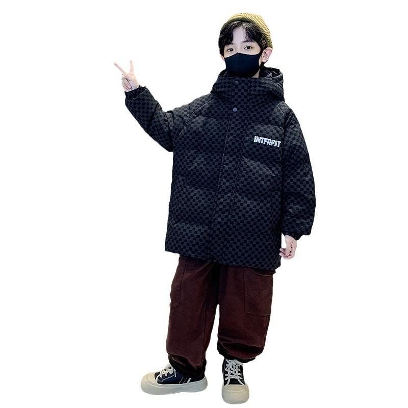 ダウンジャケット 男の子 キッズ 中大児向け 冬物 ホワイトダックダウン50% 厚手 アウター フード付き ミドル丈 ゆったり ジップアップ 防寒 暖かい 通学 韓国風 黒 アイボリー(4)