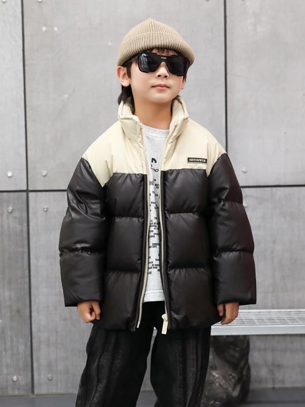 ダウンジャケット 男の子 キッズ 男児 子供 PUレザー 合成皮革 防風 ショート丈 厚手 ホワイトダックダ..