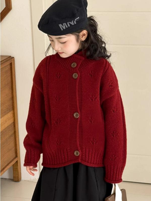 ニットカーディガン 女の子 アウター 秋冬 ワインレッド おしゃれ お正月 新年 韓国風 柔らかい 長袖 ..