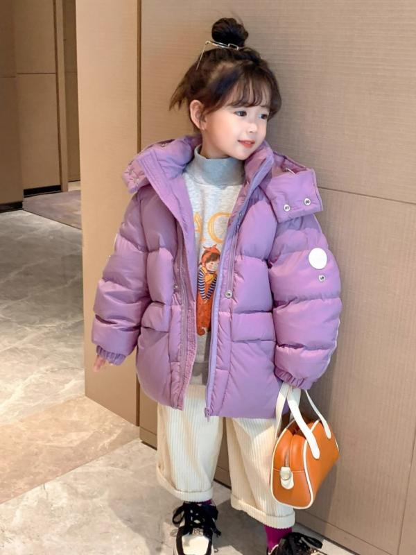 ダウンジャケット 女の子 キッズ 中大童 秋冬 韓國風(fēng) フード付き ジップアップ 無地 長袖 厚手 保溫 防寒 ショート丈 ビッグシルエット ゆったり ポリエステル ソフト かわいい パープル