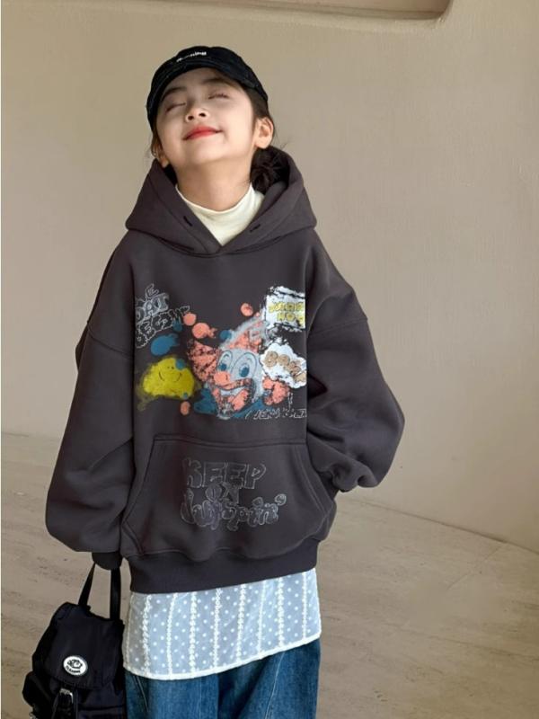 パーカー 女の子 キッズ ジュニア 小中学生 秋冬 裏起毛 暖か 防寒 グラフィティ 落書き風 キャラクタ..