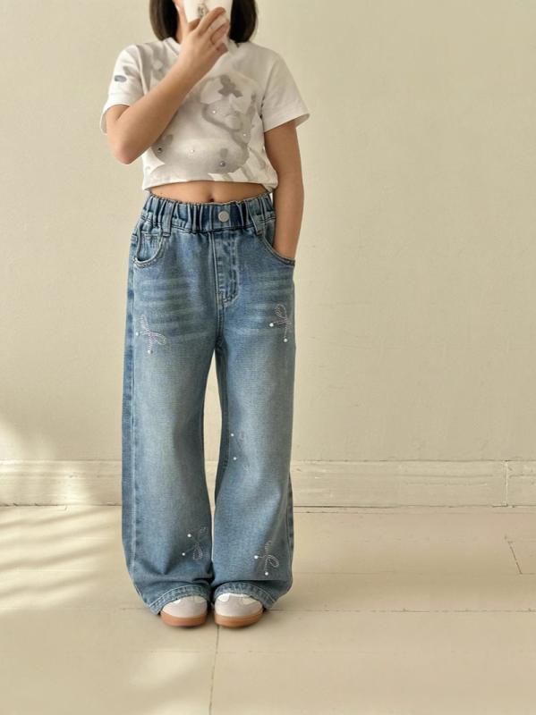 デニムパンツ ガールズ 女の子 春秋 ラインストーン リボン ストレート ワイド ゆったり ルーズフィッ..