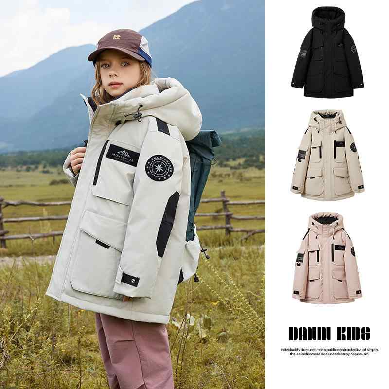 ダウンジャケット キッズ 男女兼用 男の子 女の子 ジュニア フード付き 厚手 ゆったり ミドル丈 ホワイトダックダウン ジップアップ ポリエステル 通学 普段使い カジュアル 韓国ファッション 秋冬 ブラック オフホワイト ピンク ミントグリーン(4)