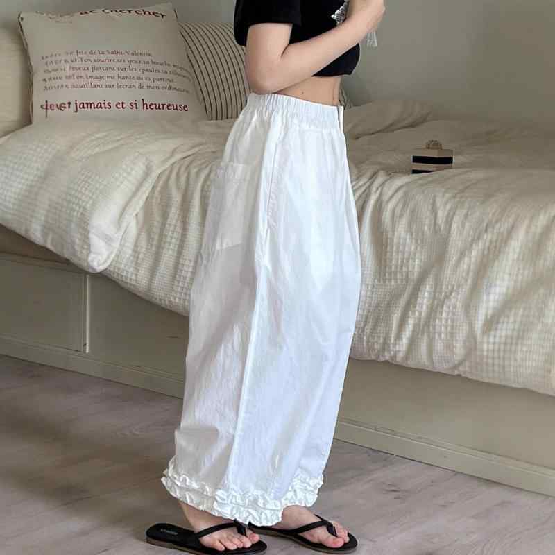 パンツ キッズ 女の子 ジュニア 春夏 綿100% ゆったり フリル ワイドパンツ 体型カバー 無地 長ズボン ..