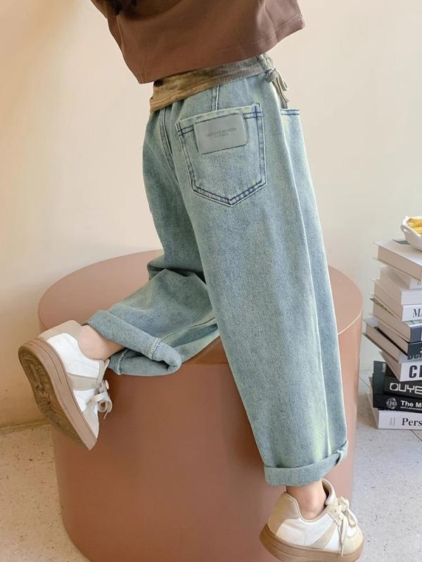 デニムパンツ 女の子 キッズ 春秋 綿素材 ゆったり バギーパンツ ワイドシルエット カジュアル 普段使い かわいい おしゃれ 柔らかな肌触り ロング丈 ブルー 小学生 スポーティ