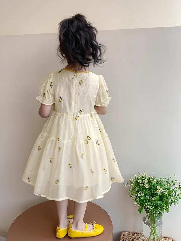 ワンピース 女の子 キッズ 夏 半袖 パフスリーブ 花柄 プリンセスドレス 韓国風 おしゃれ かわいい 子供服 お出かけ ポリエステル 綿裏地 柔らかい 肌触り アイボリー