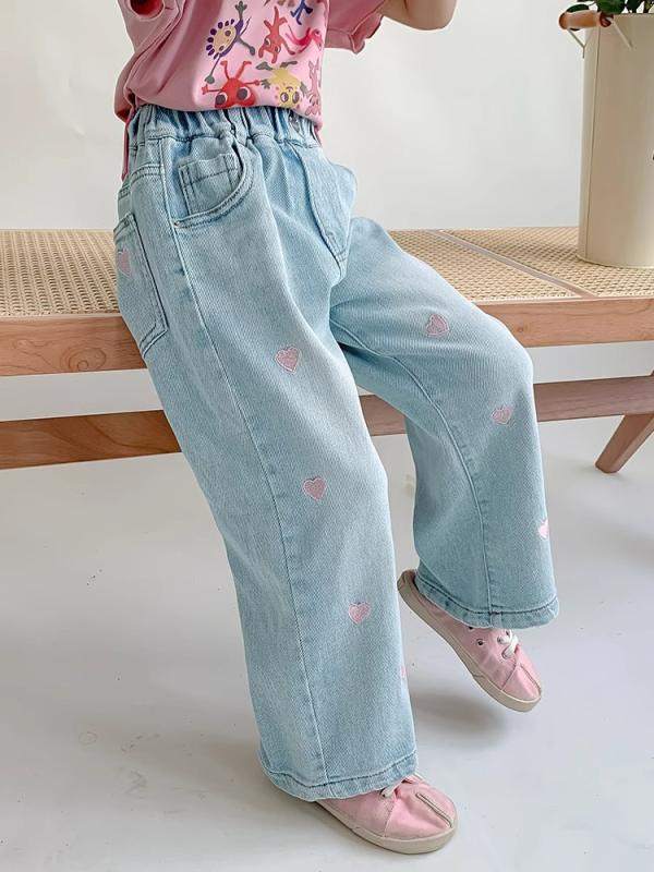 デニムパンツ 女の子 キッズ 春夏 薄手 ハート刺繍 かわいい ロング丈 綿混 レーヨン混 伸縮性 柔らか ..