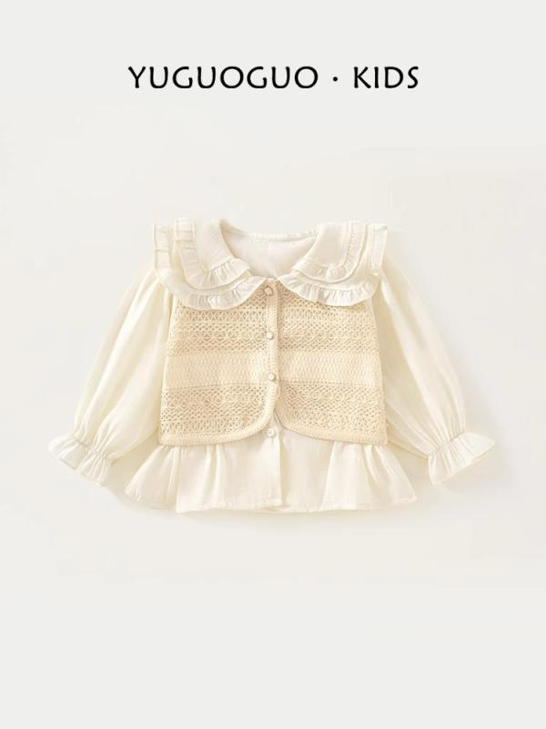 ブラウス 女の子 ガールズ 小学生 春秋 長袖 フェイクレイヤード 韓国風 オルチャン 襟付き 無地 おし..