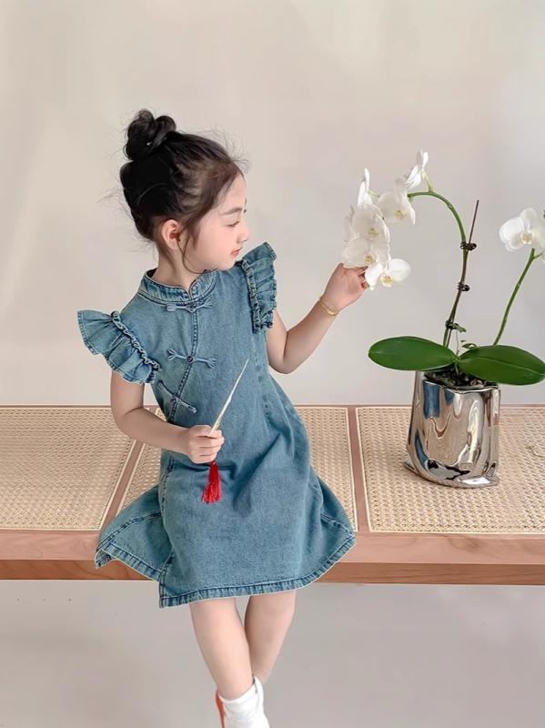 ワンピース 女の子 キッズ デニム チャイナドレス 漢服 フリル袖 レース Aライン モダンチャイニーズ ..