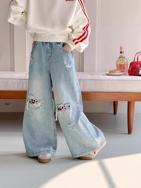 ジーンズ キッズ 女の子 デニムブルー 綿 ゆったり ワイドパンツ ダメージ加工 ヒョウ柄 レトロ カジュ..