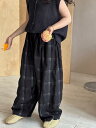 キッズ 女の子 ズボン 防蚊 ロング丈 ストレート 薄手 カジュアル チェック柄 韓国風 綿 夏 普段使い ブラック 接触冷感 通気性 快適 お出かけ