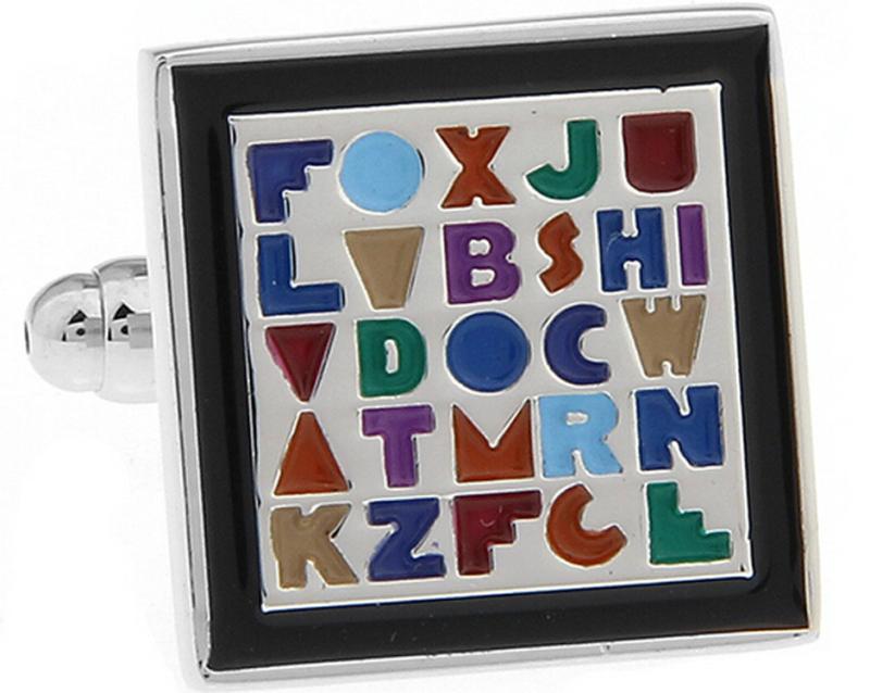 カフスボタン 男女兼用 銅製 焼付塗装 正方形 多色 パズル文字 アルファベット フレンチカフス カフリ..