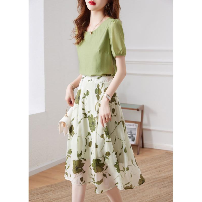 スカート セットアップ レディース 春夏 ツーピース ミモレ丈 五分袖 綿麻 リネン 花柄プリント レトロ エレガント 上品 若見え スタイルアップ 着痩せ きれいめ オフィス カジュアル 普段使い
