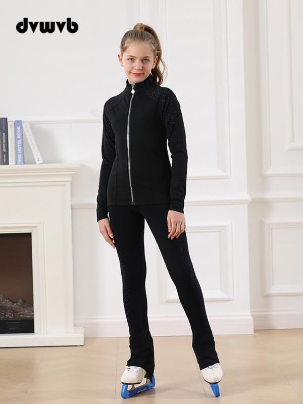 フィギュアスケートトレーニングウェア レディース 上下セット 練習着 パフォーマンス 発表会 ナイロン スパンデックス 裏起毛 保温 防寒 長袖 長ズボン スタンドカラー ブラック 秋冬