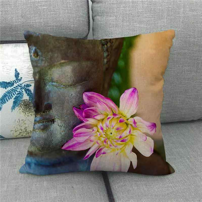 クッションカバー 抱き枕カバー 阿弥陀仏像 水彩 蓮の花 ハス 麻 リネン製 田園風 インテリア雑貨 リビ..