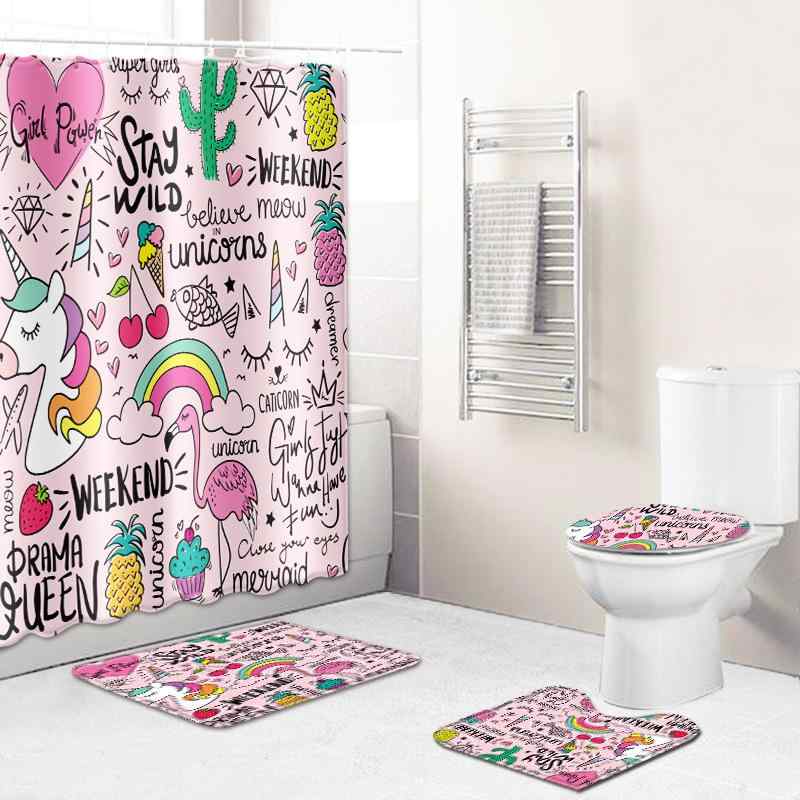 シャワーカーテン バスマット トイレマット フタカバー 4点セット タペストリー カートゥーン柄 風景画 ポリエステル ピーチスキン加工 防水 速乾 滑り止め アメリカンスタイル おしゃれ バスルーム用品