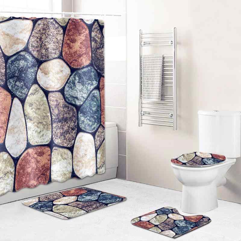 バスルームセット シャワーカーテン トイレ3点セット 便座カバー フタカバー 足元マット ポリエステル 撥水 速乾 ショートパイル ふかふか ストーン柄 大理石調 ライトラグジュアリー モダン おしゃれ 模様替え ホテルライク
