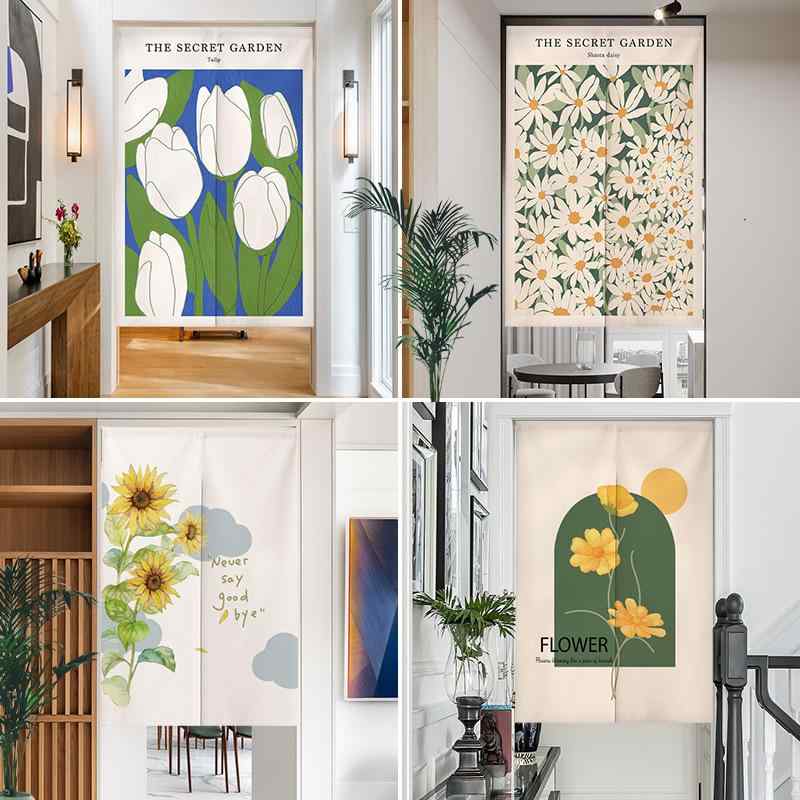 のれん 間仕切り 小花柄 目隠し 突っ張り棒式 穴あけ不要 ドア用 仕切り トイレ 寝室 玄関 リビング キッチン 家庭用 植物柄 ポリエステル おしゃれ モダン シンプル