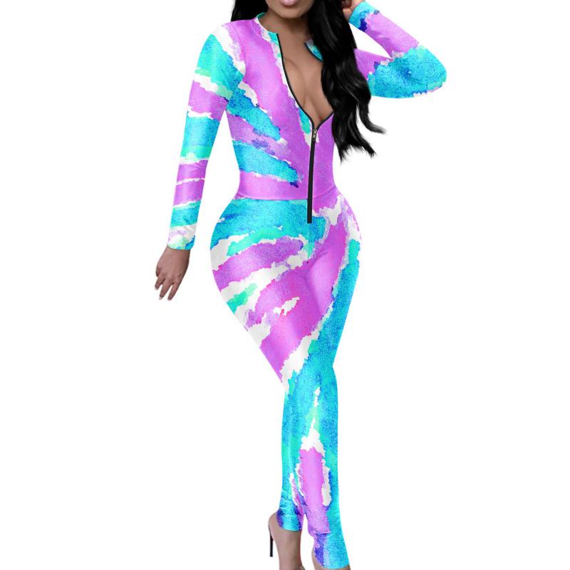 オールインワン レディース Vネック 長袖 ロング丈 絞り染め タイダイ柄 速乾性 ポリエステル ゆったり ルーズシルエット ワイドパンツ カジュアル 普段使い つなぎ サロペット