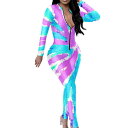 オールインワン レディース Vネック 長袖 ロング丈 絞り染め タイダイ柄 速乾性 ポリエステル ゆったり ルーズシルエット ワイドパンツ カジュアル 普段使い つなぎ サロペット