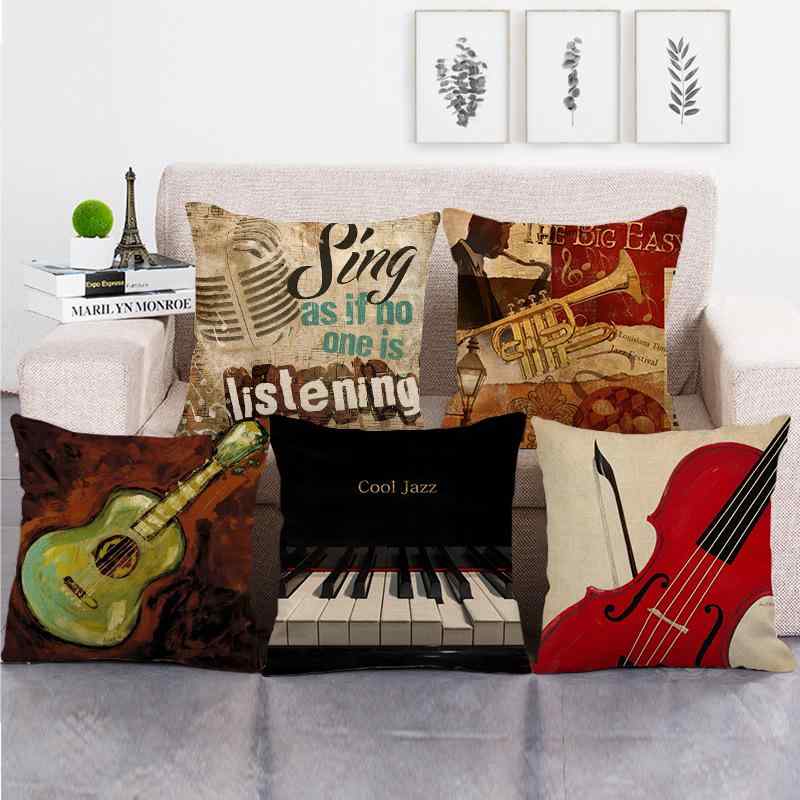 クッションカバー マイク ピアノ バイオリン 楽器柄 音楽シリーズ リネン 麻 プリント かわいい 45cm角..