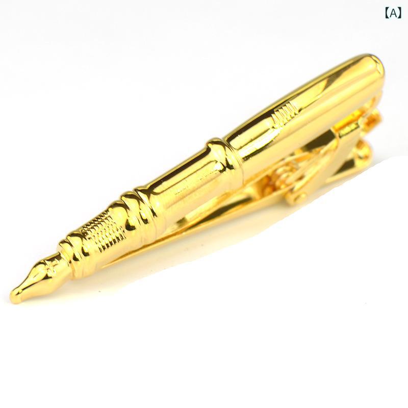 ネクタイピン 男女兼用 クイルペン 羽根型 筆記用具 銅製 真鍮 電気メッキ 光沢感 イエロー ブラック ホワイト 結婚式 フォーマル ビジネス パーティー ギフト プレゼント(x2)